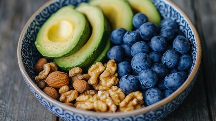colorful plate of superfoods featuring avocado, blueberries, walnuts, and almonds, perfect for healthy diet