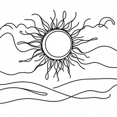 Stylish line art sun illustration with waves and clouds on a light background for print design
