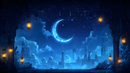 Nighttime Cityscape Crescent Moon and Lanterns