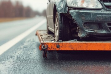damaged car being towed on flatbed truck along wet road, showcasing aftermath of accident