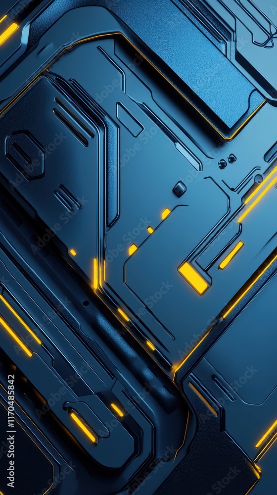 Poster futuristic metallic surface in electric blue and yellow with intricate patterns and textures