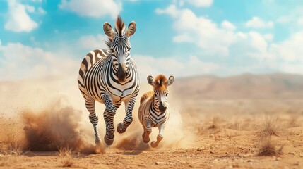 Obraz premium A zebra teaching her foal to run in an open savannah.