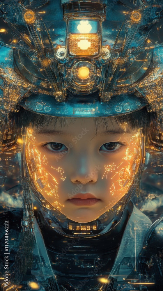 Aufkleber child's face merges with futuristic technology, showcasing a blend of innocence and innovation in a 