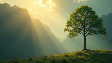 Fototapeta premium Serene Sunrise Solitary Tree on Verdant Hillside with Misty Mountains