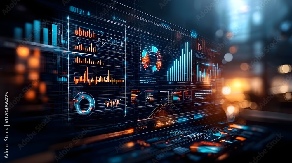 Poster Quantum Computing Generating Futuristic Corporate Report with Advanced Charts Diagrams and Data Visualizations Projected in a Sleek Digital Environment