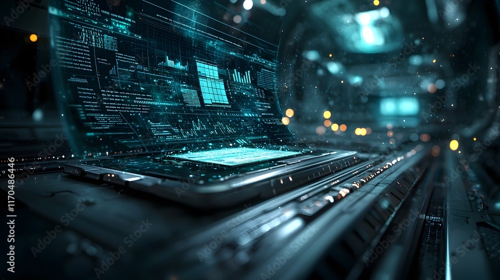 Poster futuristic corporate report with advanced charts and diagrams projected in a quantum computing digit