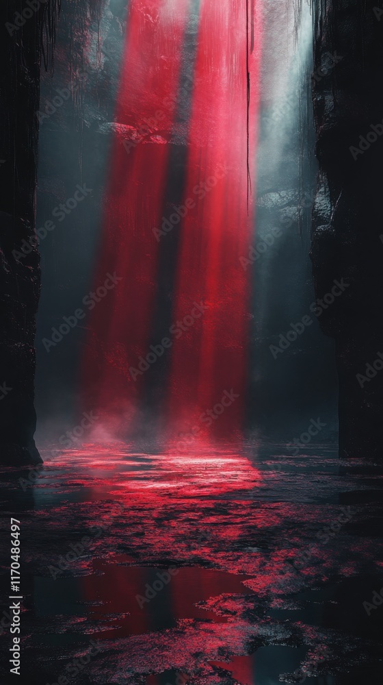 Poster dramatic contrast of deep red light illuminating dark cavern walls with mist and reflections creatin