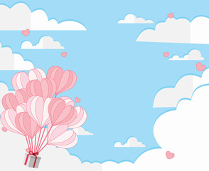 hot air balloon in paper style carrying gift box floating in the sky