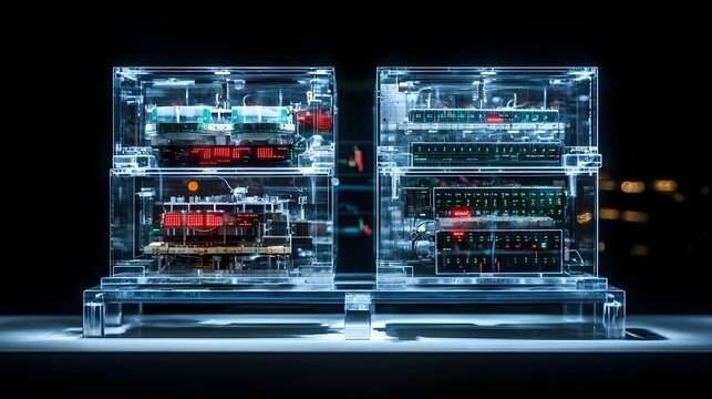 Quantum Computing Algorithms Visualizing a Complex Market Prediction Model Displayed on Transparent Screens with Copy Space Below
