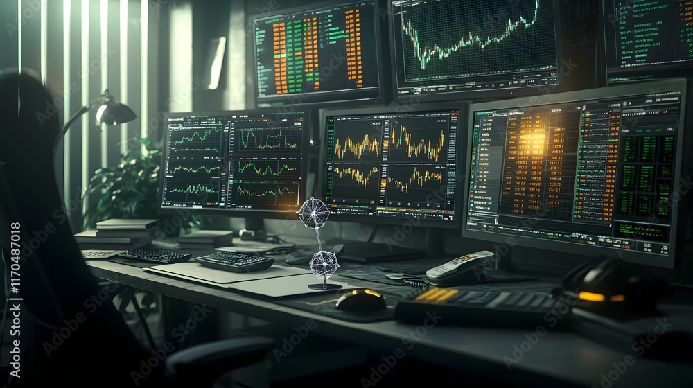 Poster A modern financial trading room equipped with advanced quantum computing systems processing market fluctuations and displaying interactive 3D data visualizations and analytics dashboards