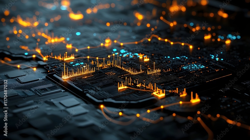Poster quantum powered data analytics generating a futuristic market heatmap with glowing data points and p