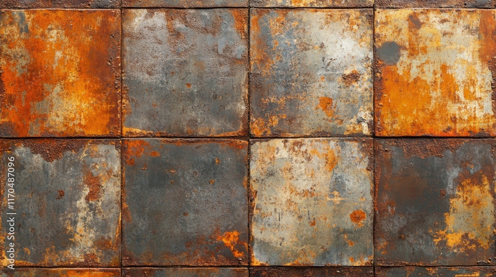 Poster close-up of rusty metal panels with textured surface showcasing orange and gray color variations in 