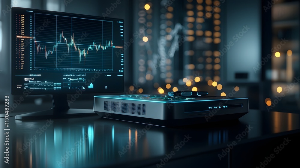 Poster futuristic and sleek desk setup with a quantum computer projecting glowing holographic charts and da