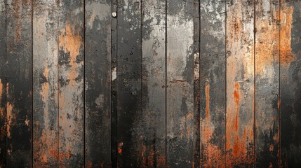 Rustic Wood Planks with a Weathered Texture Showcasing Unique Patterns and Colors in Shades of Black, Gray, and Rusty Orange for Artistic Backgrounds and Design Projects