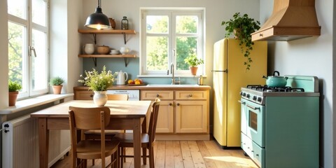 Fototapeta premium Bright and airy kitchen with vintage appliances and wooden accents