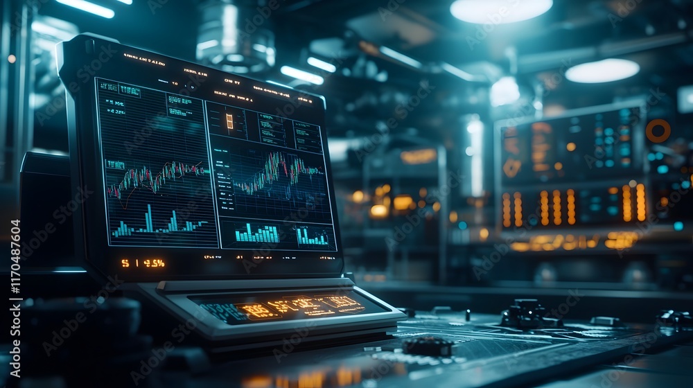Poster advanced quantum system forecasts futuristic market trends with glowing data analytics graphs and ch