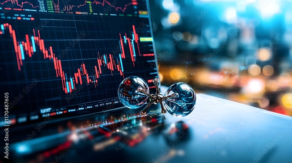 Poster futuristic quantum system forecasting market trends with glowing dynamic charts and graphs providing