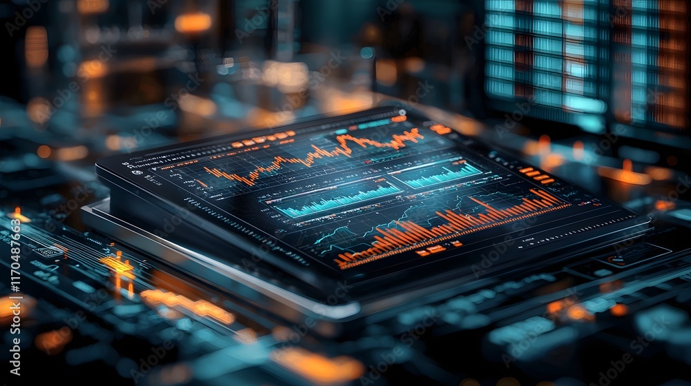 Poster Cutting edge quantum computing driven trading platform displaying dynamic market predictions risk assessments and financial data visualizations in a futuristic holographic interface