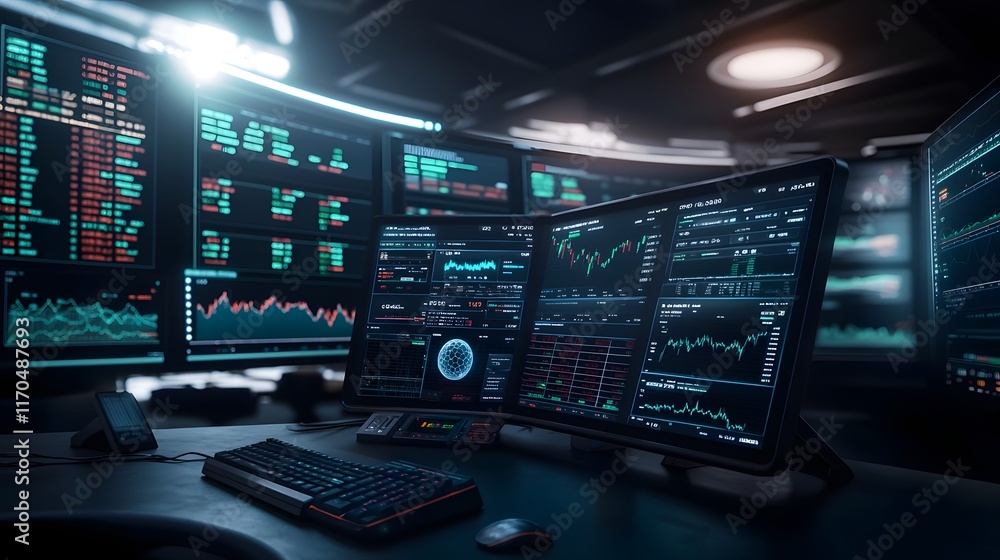 Poster advanced quantum computing driven trading platform displaying real time market predictions risk asse