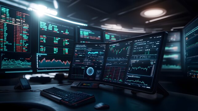 Advanced quantum computing driven trading platform displaying real time market predictions risk assessments and analytical insights in a futuristic holographic interface