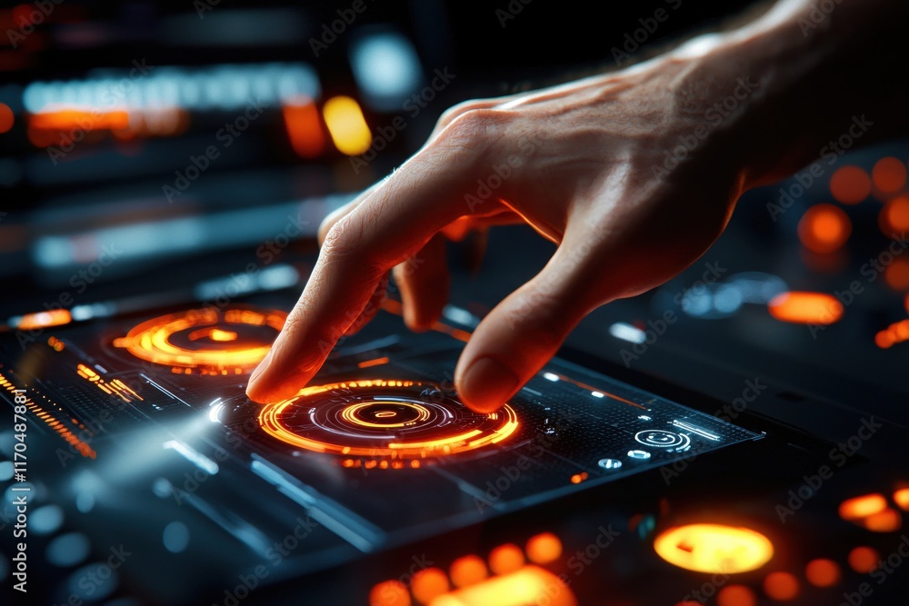 Poster futuristic interface with hand touching screen in dark environment with bright orange elements