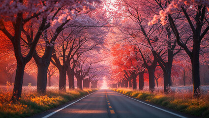 Blooming cherry trees line scenic road at sunrise