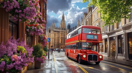 Classic red double-decker bus travels past historic architecture on a rainy London street