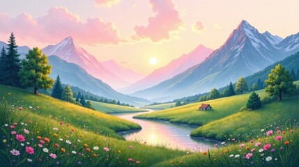 Serene Sunrise Over Verdant Valley with Winding River and Solitary Cabin