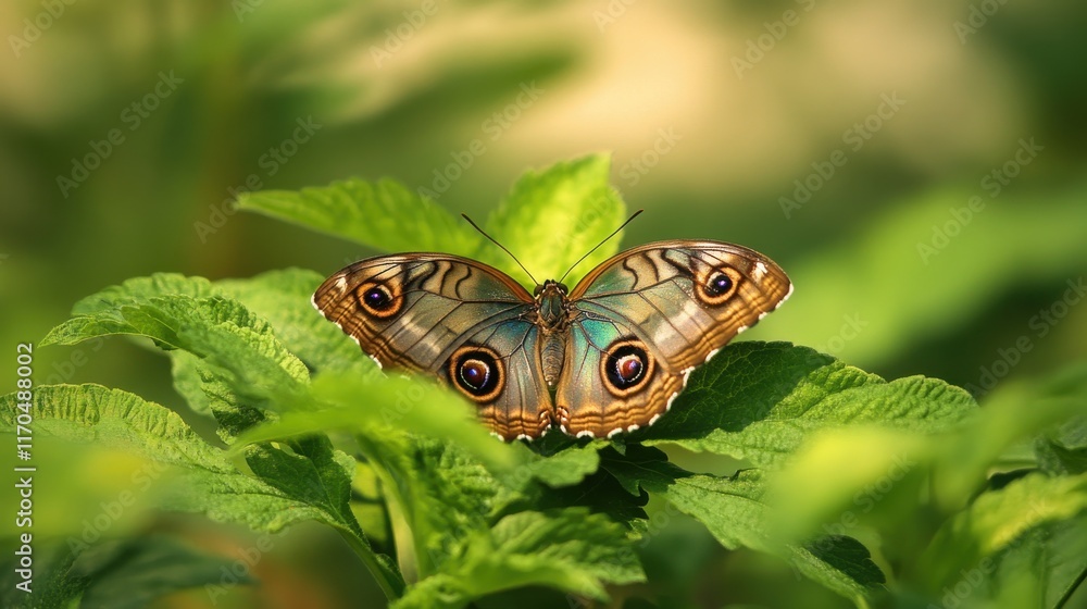Poster blue morpho butterfly resting on lush green leaves in a tropical setting during daylight