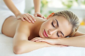 Obraz premium Woman receiving a relaxing massage in a spa, with soft natural light and blurred green background. Concept of wellness, relaxation, and self-care. Ai generative
