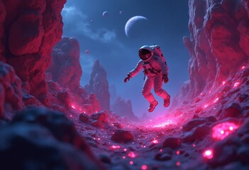 An astronaut floating through a neon-lit asteroid field, reaching out to touch glowing, alien rock formations