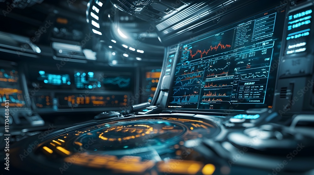Poster futuristic holographic display created by quantum computing technology showcasing market trends and 