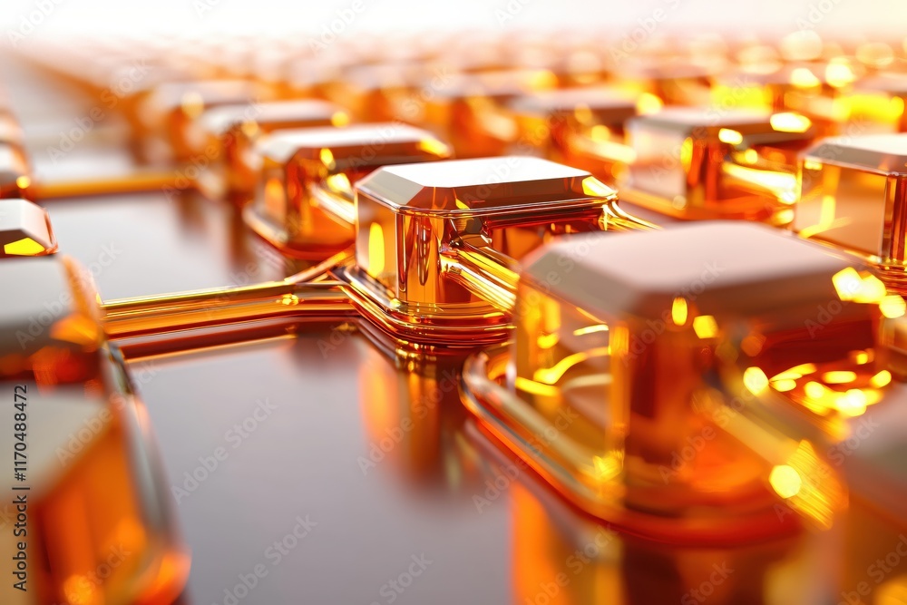 Poster abstract technology background with illuminated orange blocks and glossy surfaces