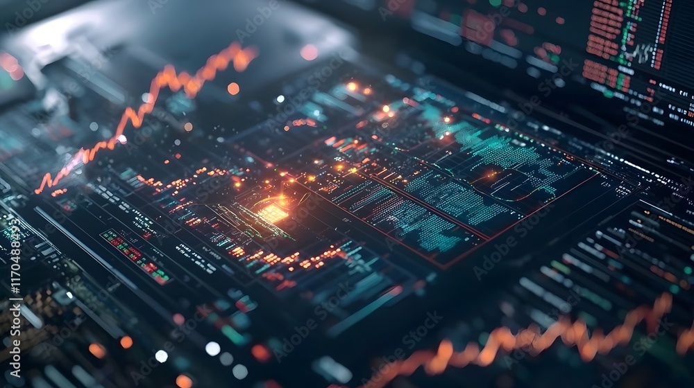 Poster quantum computing generating advanced market strategies with dynamic glowing financial charts and gr
