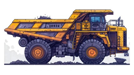 Yellow mining dump truck illustration, hauling coal.