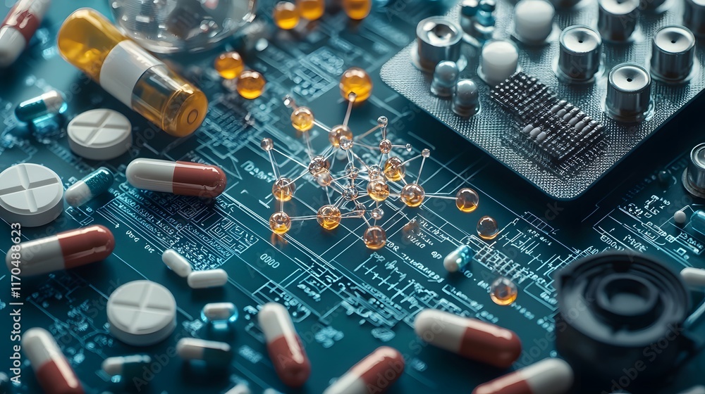 Poster futuristic pharmaceutical laboratory with a high tech quantum computer analyzing molecular structure