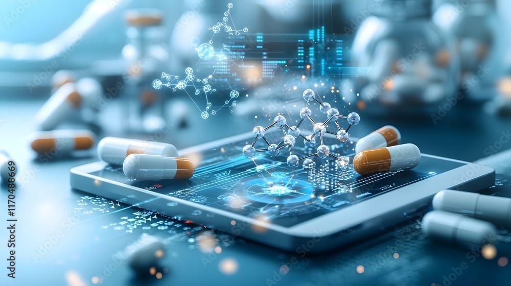 Poster cutting edge pharmaceutical laboratory with a state of the art quantum computer system analyzing mol