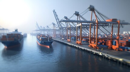 Fototapeta premium Global Commerce Visualized Through a Port's Cranes and Ships