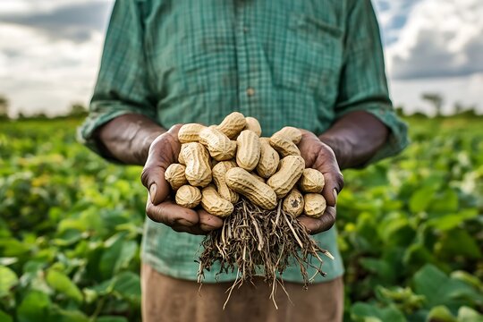 Farmer holding a handful of peanuts in his hands on the field