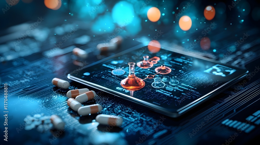 Poster quantum computing technology visualizing complex chemical reactions and simulating drug interactions
