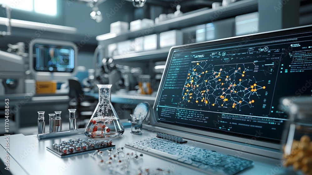 Poster quantum computing technology visualizing complex chemical reactions and drug interactions on futuris