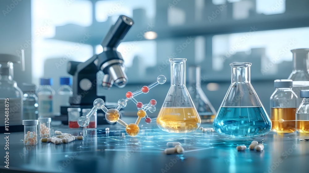Poster quantum computing visualizing chemical reactions and simulating drug interactions on futuristic holo
