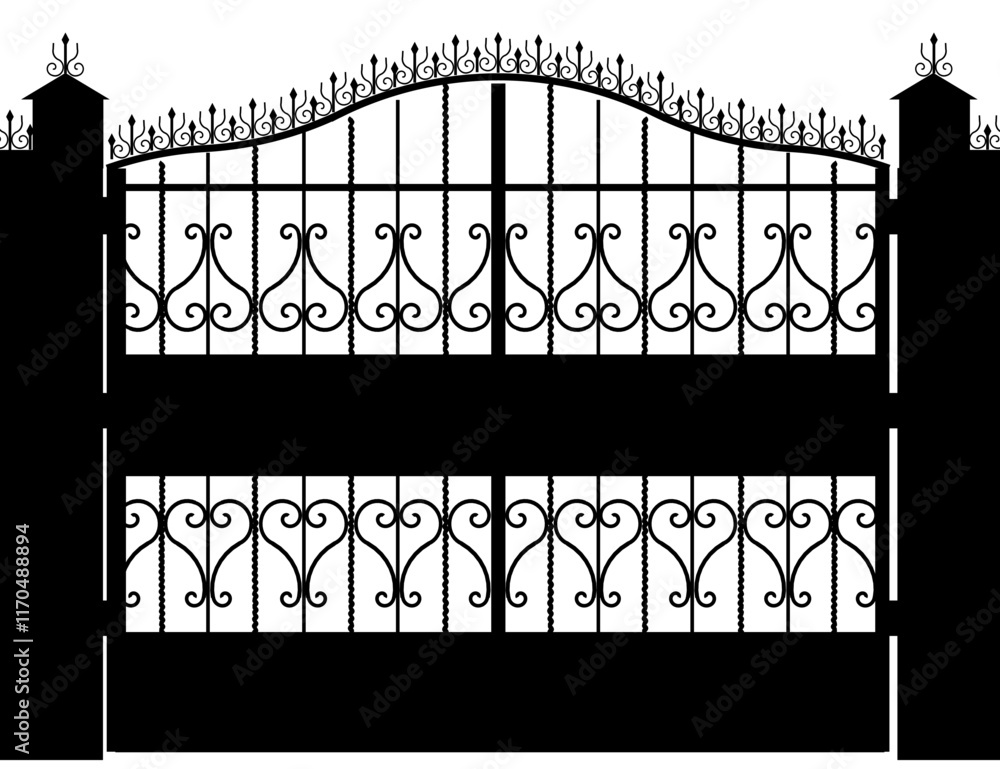 Poster black and white image of a gate with a lot of ornate designs. the gate is open and the gate is close