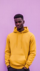 Obraz premium Young man in yellow hoodie poses confidently against a pastel purple wall in a minimalist urban setting