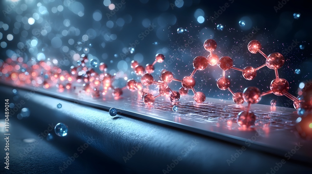 Poster A futuristic quantum powered system calculating and optimizing drug formulas with glowing 3D molecular diagrams and projections displayed in a sleek minimalist laboratory setting