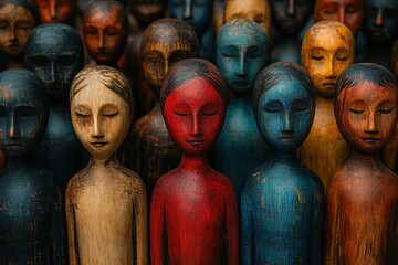 Wooden Figurines in Red and Blue Representing Political Ideologies and Division