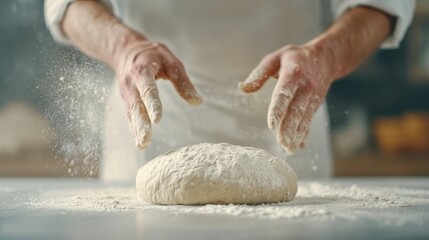 Obraz premium Baker Preparing Fresh Bread Dough in a Warm Kitchen with Flour Dusting the Air and Hands Artfully Shaping the Dough