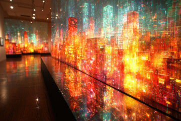 Obraz premium Vibrant digital cityscape projected onto gallery wall, reflecting in polished floor.