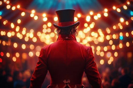 Circus Ringmaster in Red Coat Under Festive Lights with Excited Audience in Vibrant Vintage Performance Atmosphere
