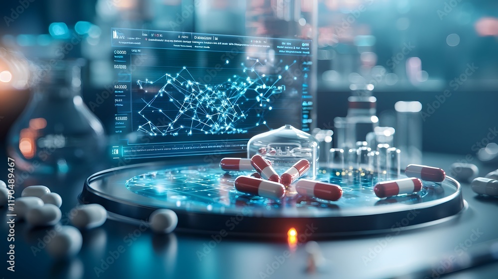 Poster quantum computing generating real time drug synthesis pathways displayed on a futuristic holographic